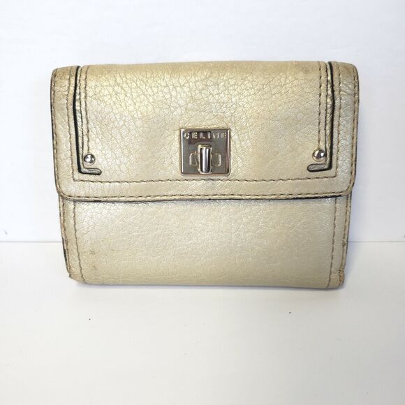 Celine Medium Trifold Geniue Leather Compact Card Wallet Silver Pearl Metalic - Picture 1 of 12